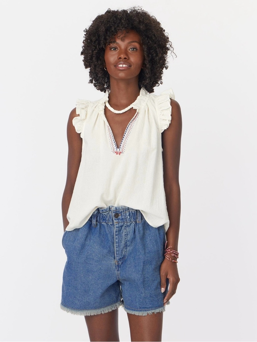 XIRENA Small Elyza White Cotton Ruffle Embroidered Blouse Original $200 Exc Cond